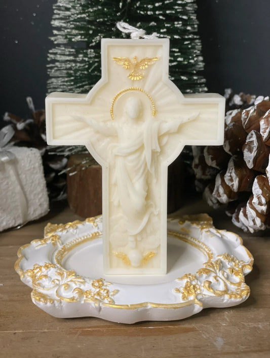 Ensemble bougie croix de 80g en cire végétale avec sa coupelle artisanale, décoration spirituelle et minimaliste pour la maison.